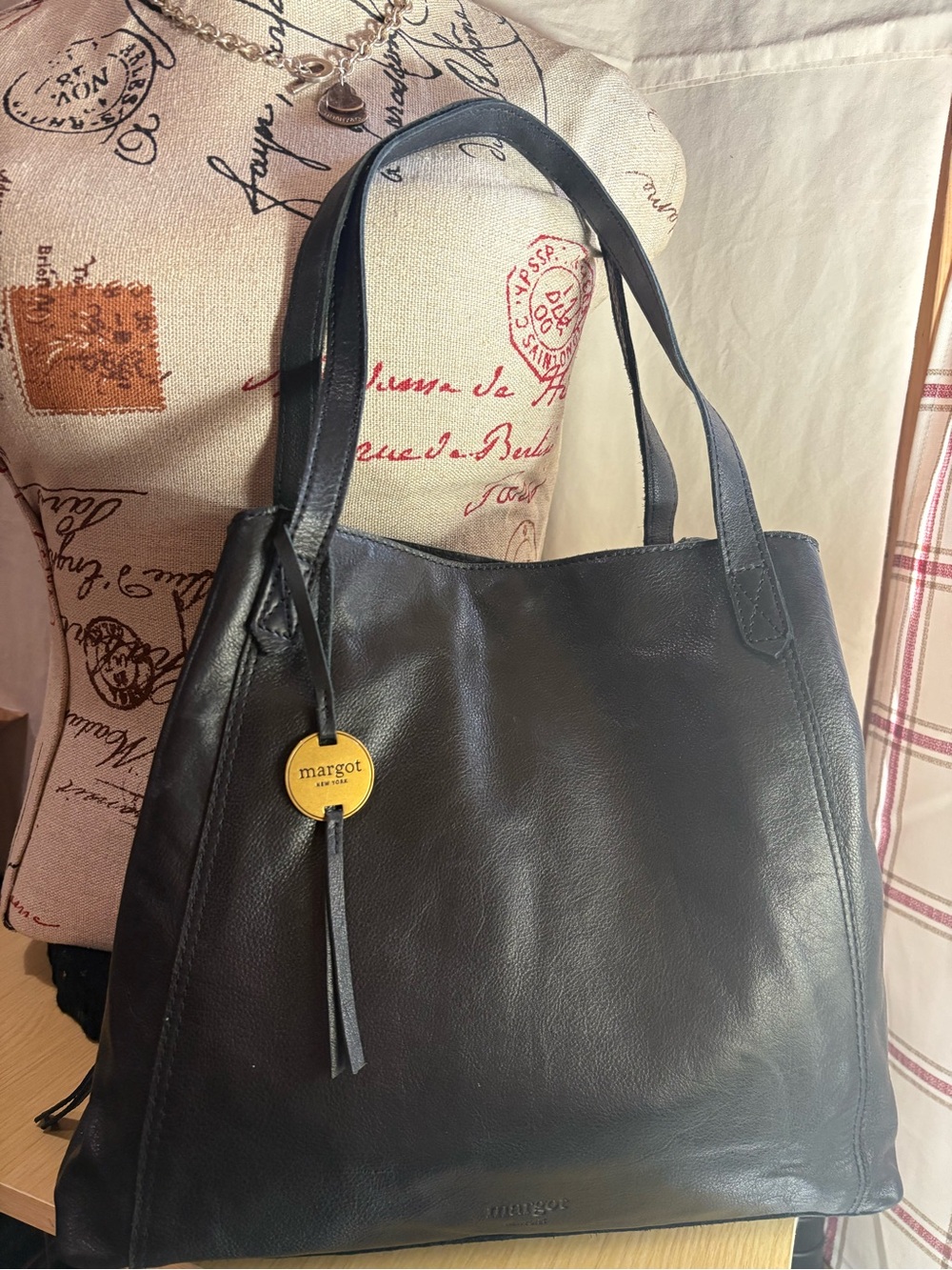 Margot New York Marcy Black Leather Shoulder Tote with Gold Tag